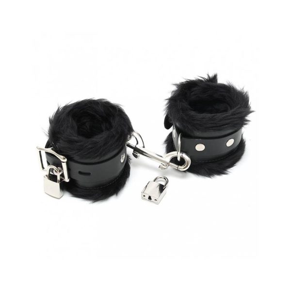 Esposas Cuero y Pelo Negro 7cm Candados - imagen 2