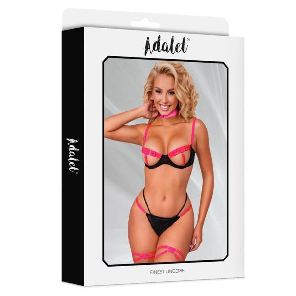 Pauline Set Sujetador, Tanga, Ligas y Choker Negro y Rosa - imagen 2